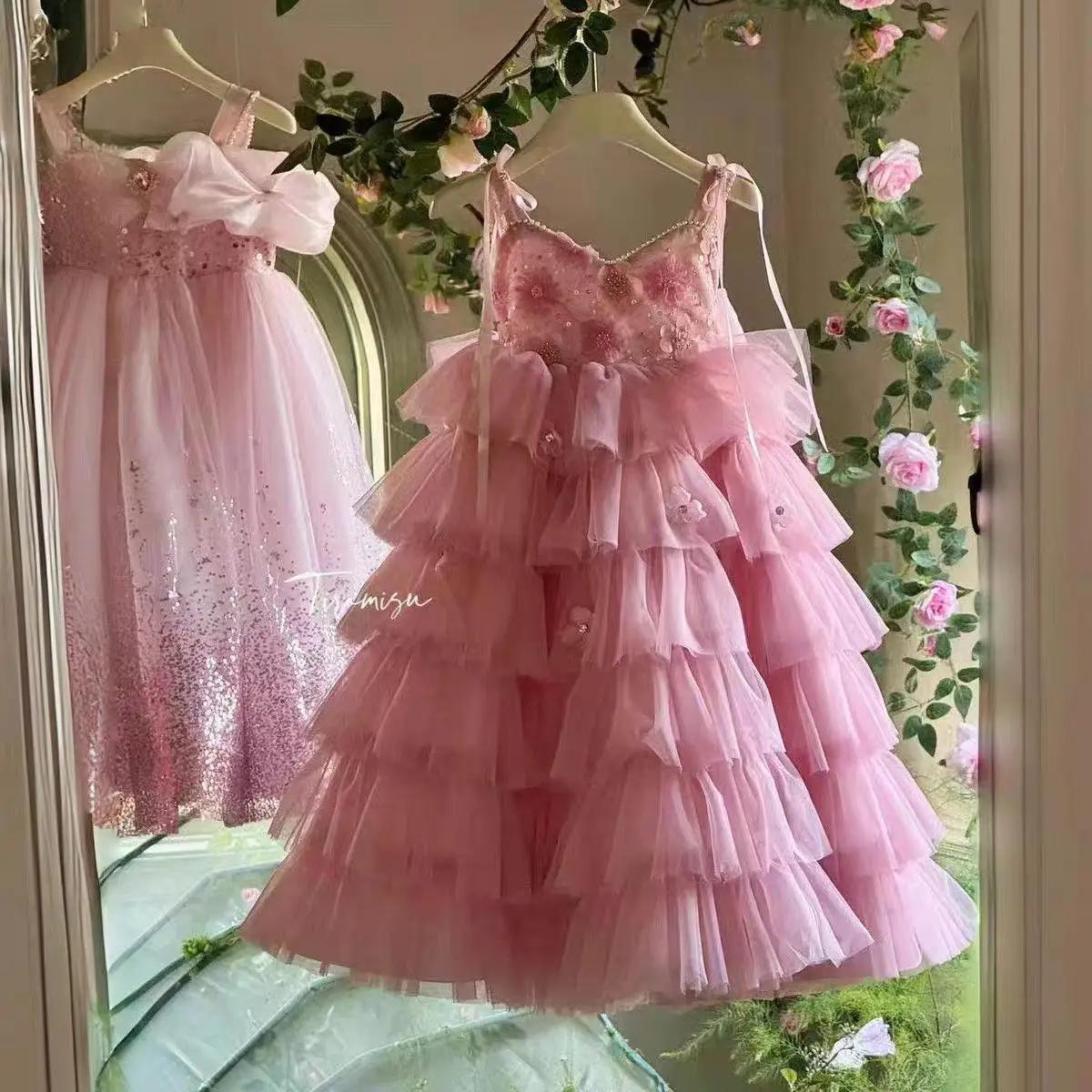 Robe de princesse d'été UNITIM pour filles, robe en gaze rose à fleurs brillantes pour enfants, robe
