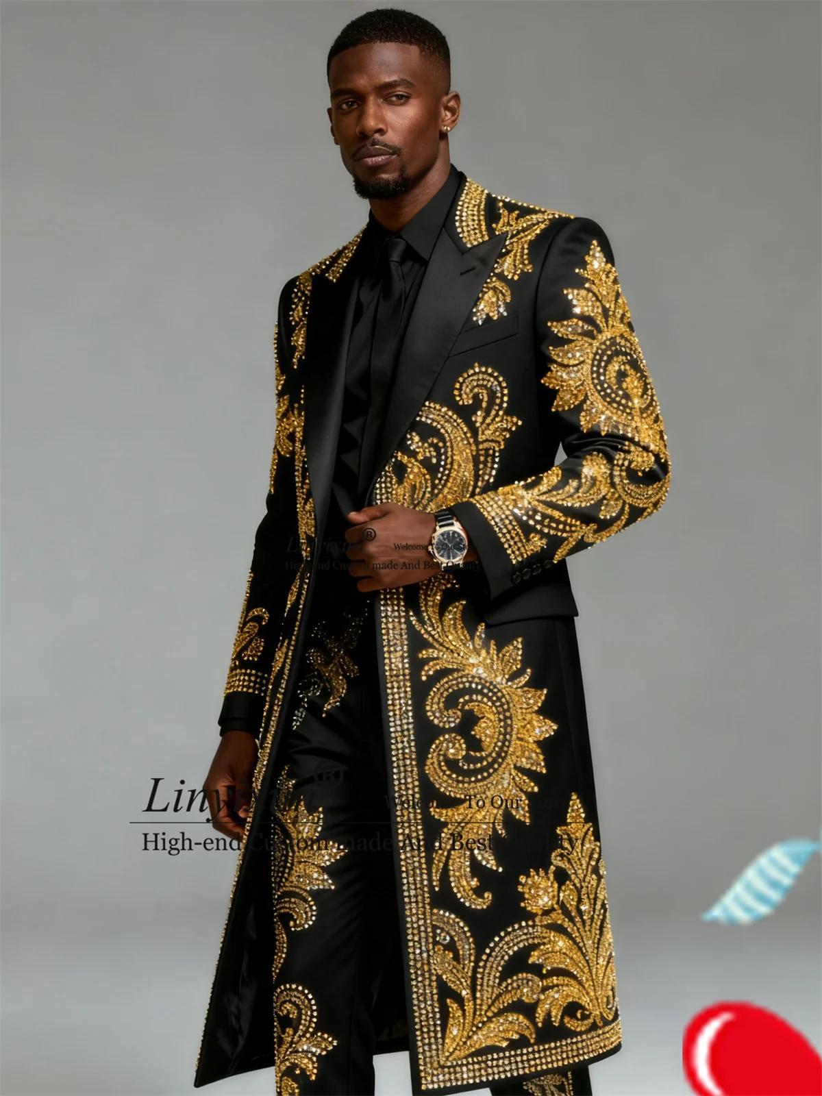 Manteau Long et pantalon pour hommes, costumes haut de gamme avec strass, ensemble 2 pièces, blazer 