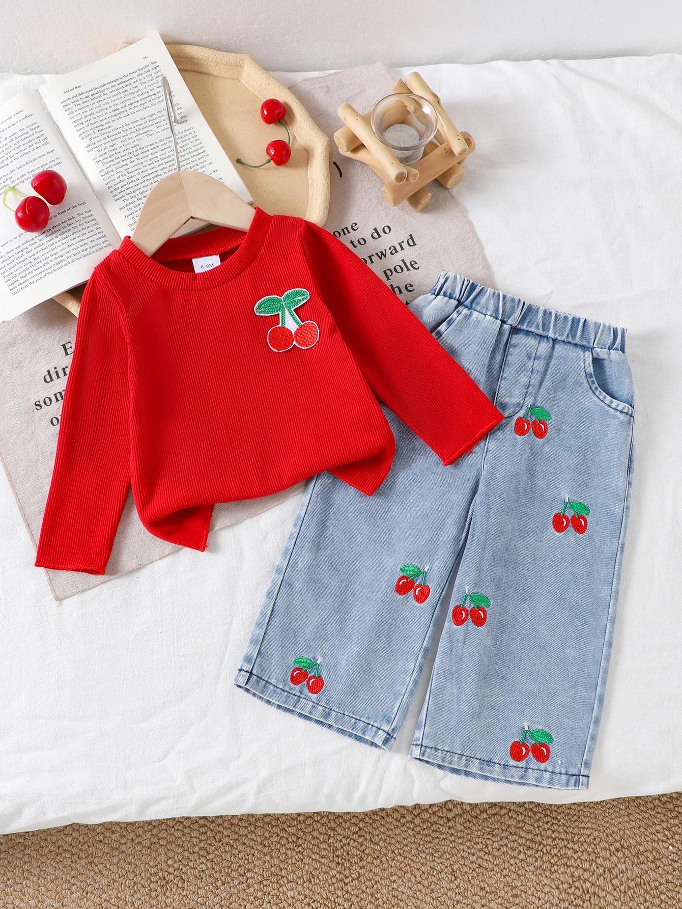 Ensemble filles 1-3 ans haut rouge manches longues + pantalon denim cerise - Printemps automne