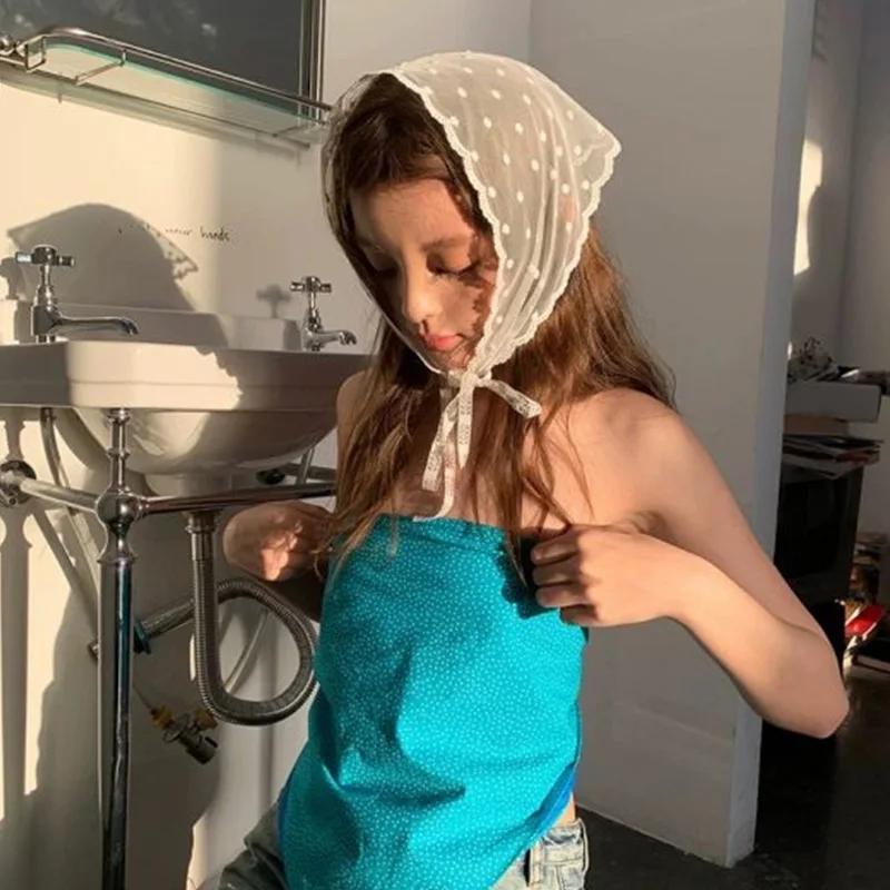Foulard triangulaire en dentelle pour femmes, accessoire de cheveux Simple à pois, bandeau de Style 