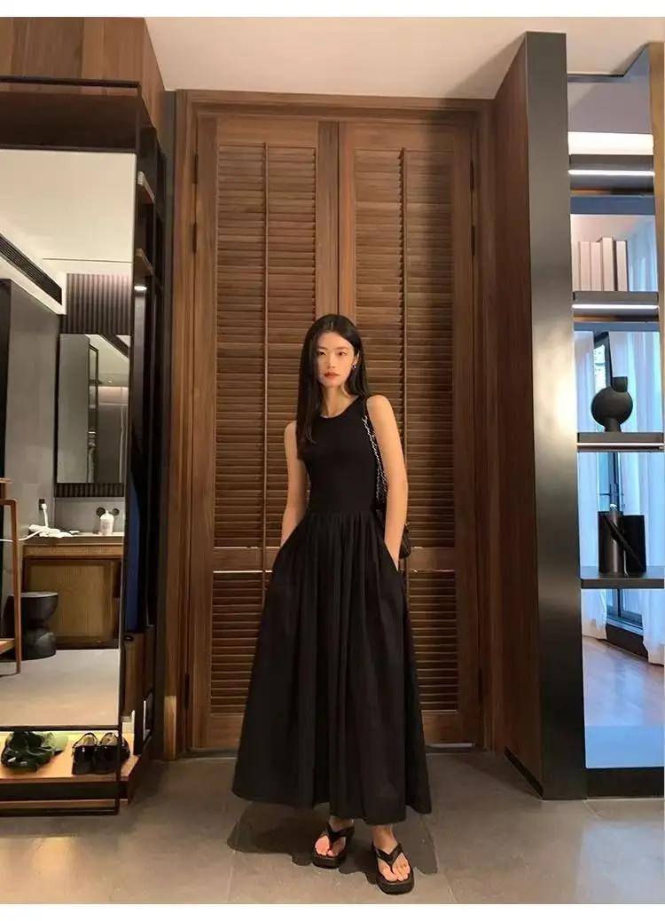 Robe mi-longue noire vintage pour femmes, style de vacances, col rond, poches décontractées, vêtemen