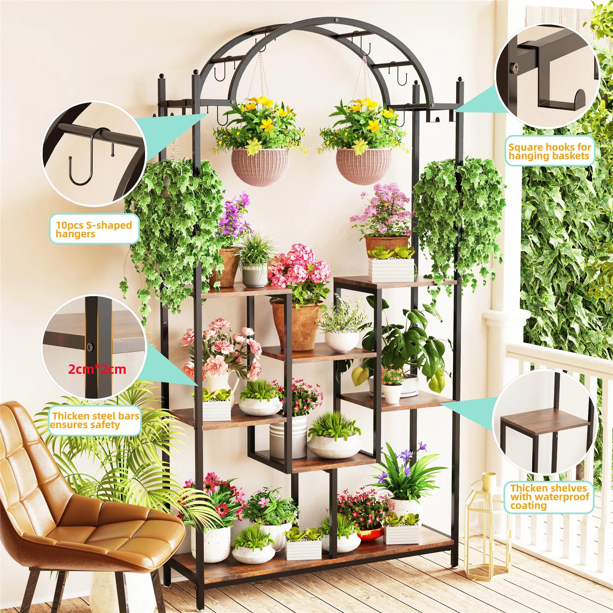 Grand support pour plantes d'intérieur à 5 niveaux, étagère à fleurs en métal arqué avec crochets de