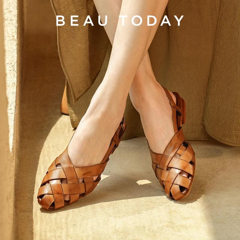 BEAUTODAY – sandales gladiateur en cuir de vache pour femmes, chaussures plates d'extérieur à bout p