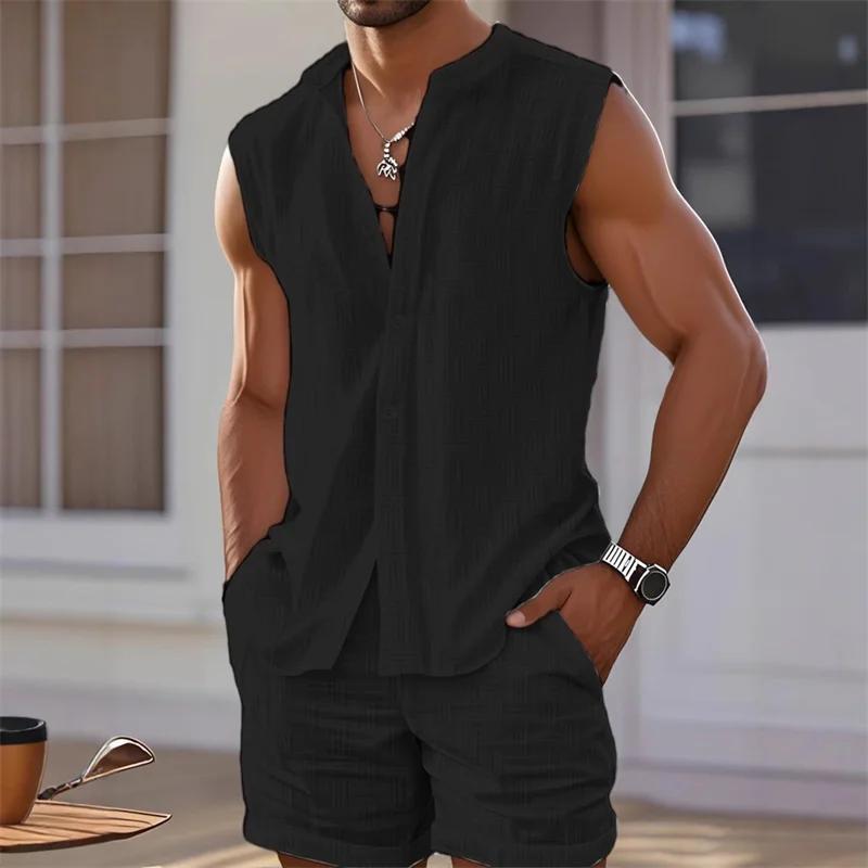 Ensemble deux pièces à carreaux pour hommes, chemise gilet, haut sans manches et short, short sans m