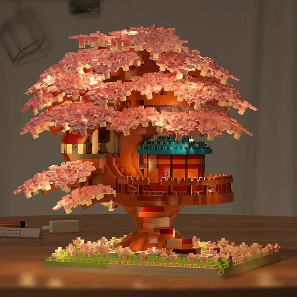 Ensemble de blocs de construction d'arbre de cerisier DIY, briques de cerisier en fleurs avec lumièr