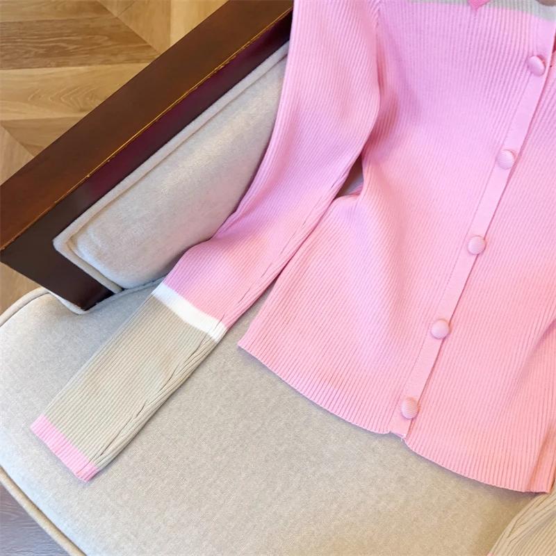 ​ ​ Cardigan ajusté doux en tricot, Style Blazer rose élégant, col contrasté, vêtements de bureau po