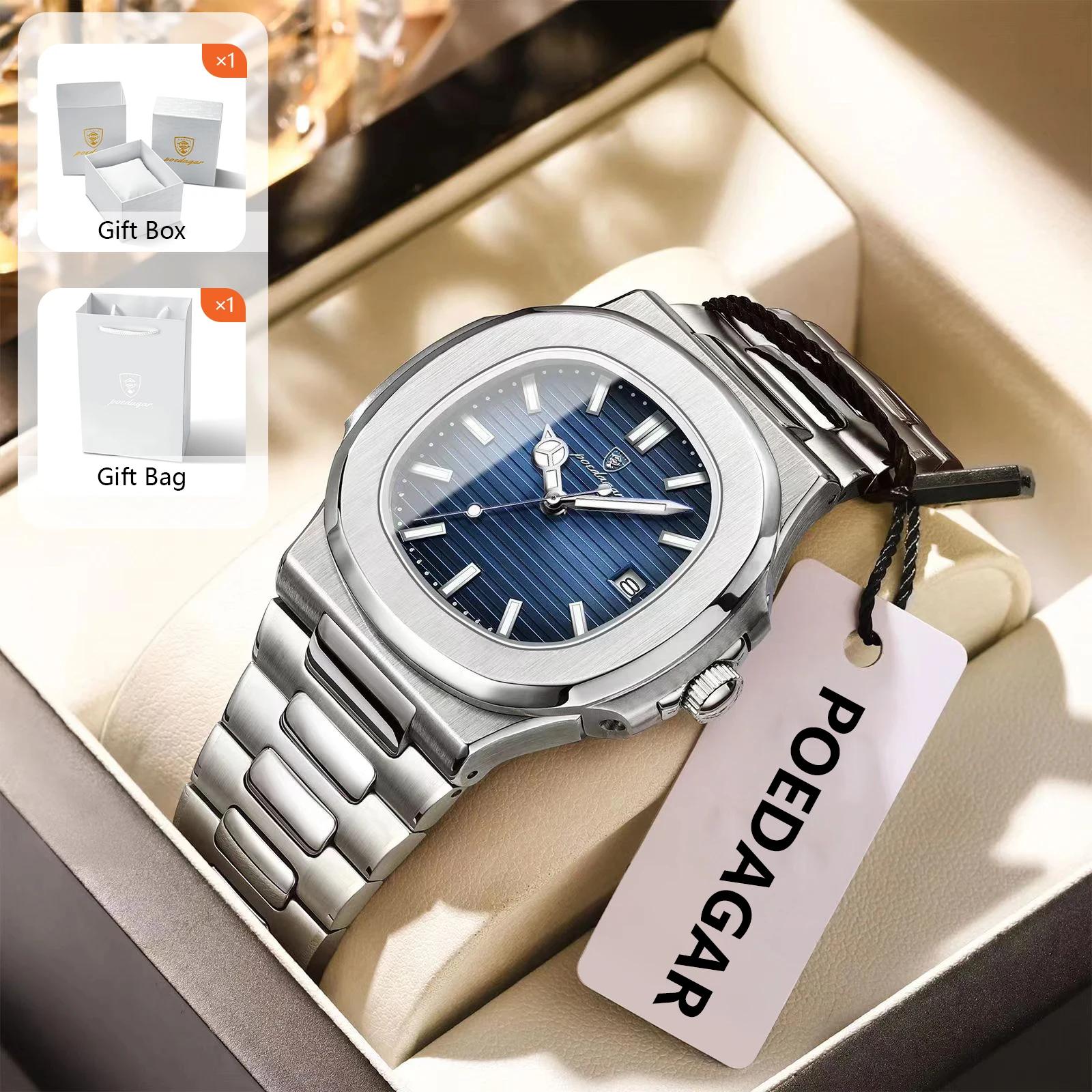 POEDAGAR luxe élégant hommes montres Date lumineux étanche en acier inoxydable homme horloge Origina