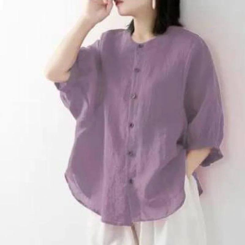 Chemise en coton et lin pour femmes, haut fin, couleur unie, manches lanternes, col montant, ample, 