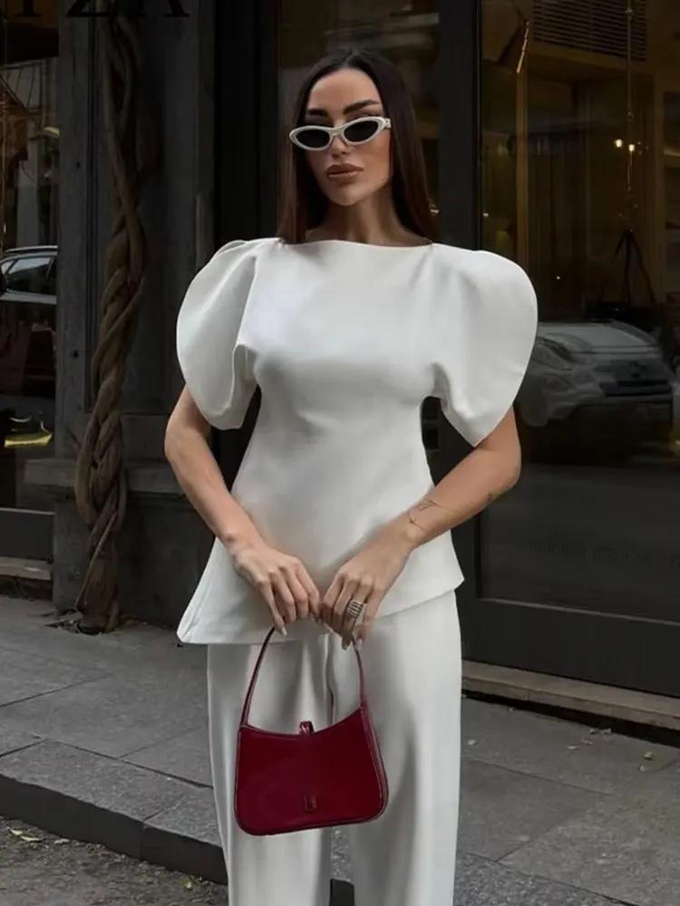 Blouse élégante blanche à manches bouffantes et ourlet asymétrique pour femme HH, col bateau uni, co