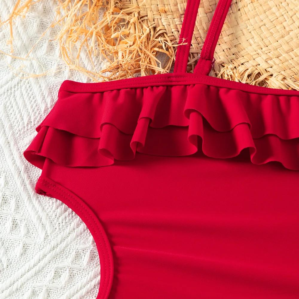 Maillot de bain rouge rétro pour adolescentes, ensemble une pièce à volants, vêtements de plage pour