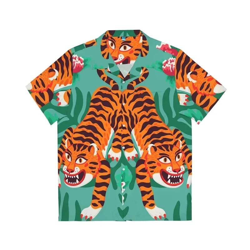 ​ ​ Chemise hawaïenne tigre 3D pour hommes, imprimé Animal, manches courtes, Y2K, fête sur la plage,