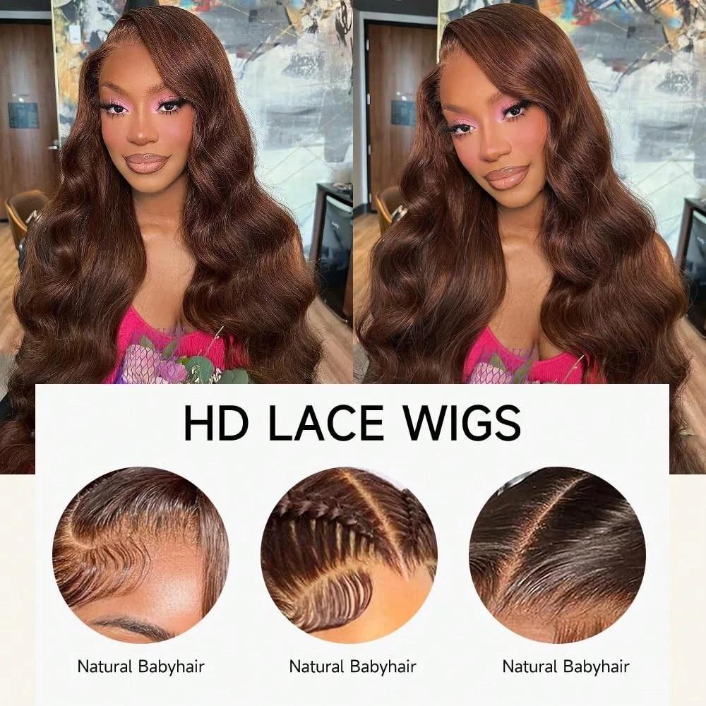 Perruques de cheveux humains de vague de corps brun chocolat 13X4 HD perruques frontales de dentelle