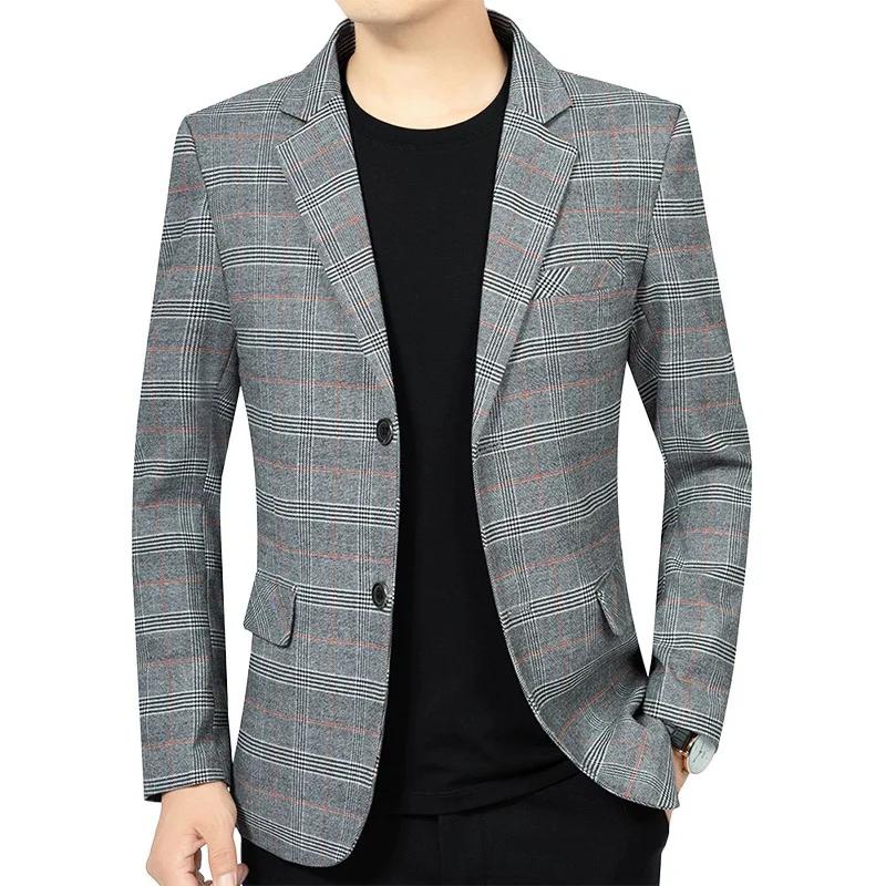 Blazer Homme Automne Tendance Rayé Contraste de Couleurs Veste de Costume Masculine Col Rabattu Manc