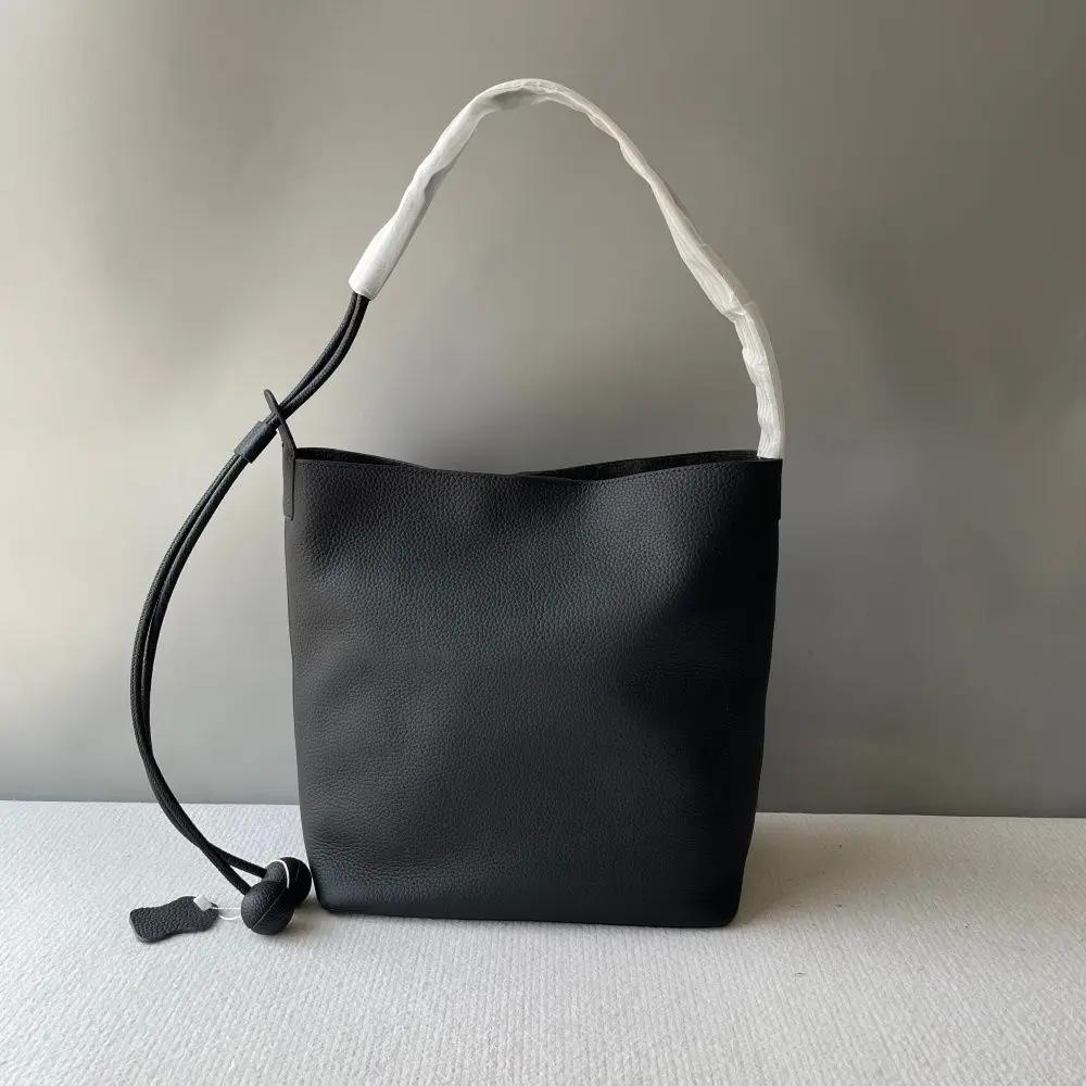 Sac seau en cuir de vachette première couche, style décontracté haut de gamme, sac à main en cuir vé
