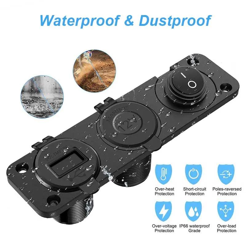Prise allume-cigare 12V 3 en 1, étanche, double panneau de sortie USB QC3.0 pour voiture, RV, bateau