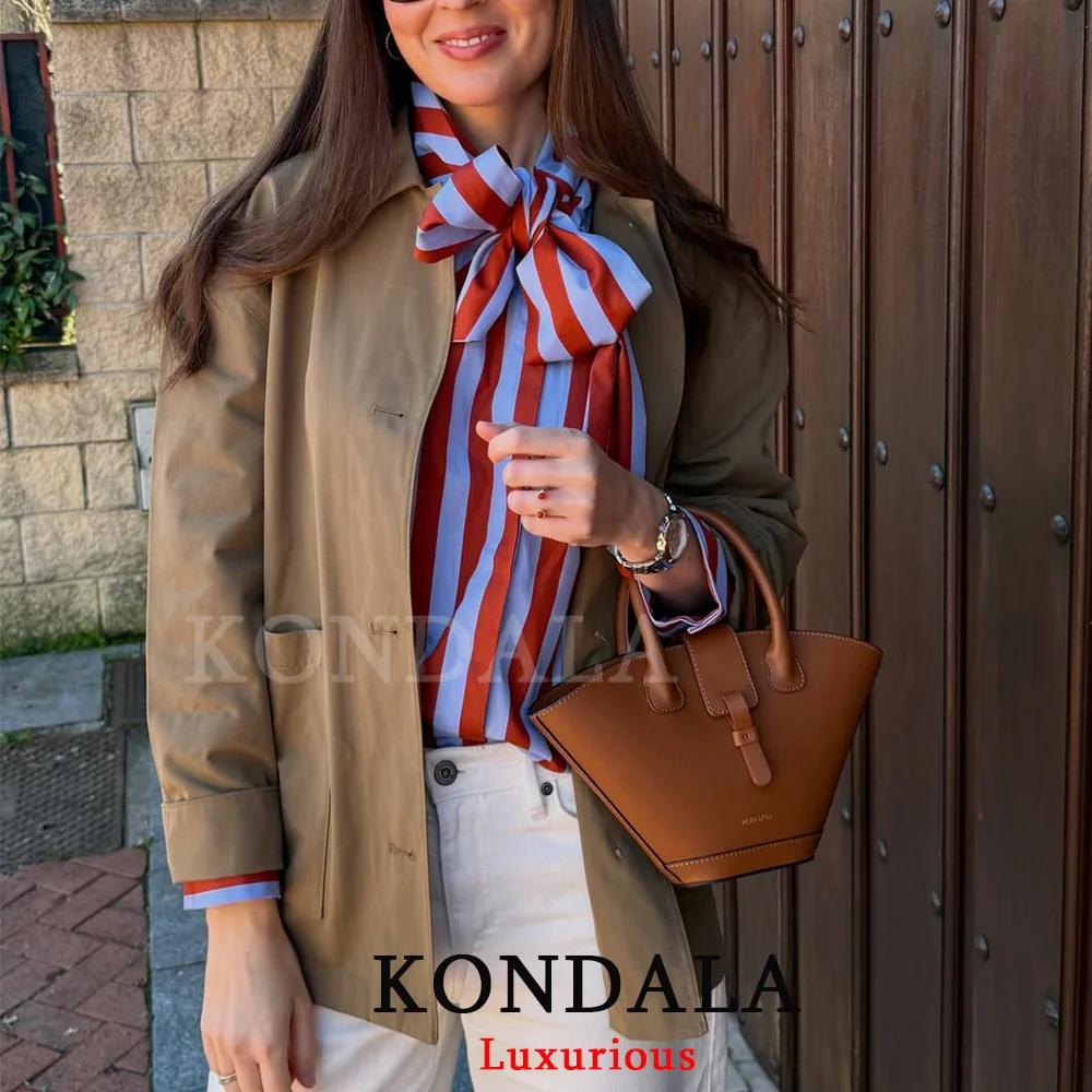 KONDALA Blouse Vintage Femme Rayée Col Rabattu Nœud Manches Longues Boutonnage Simple Mode Printemps