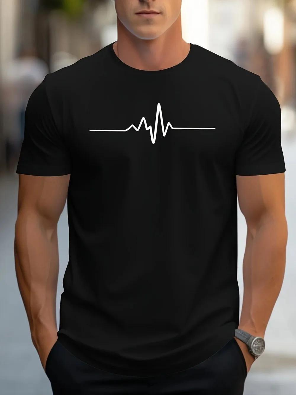 T-shirt à col rond pour hommes, imprimé électrocardiogramme, confortable et respirant, à la mode, po