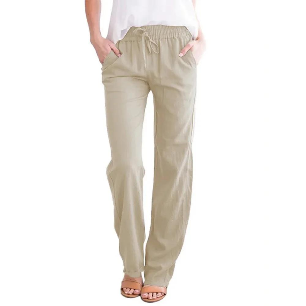 Pantalon en coton et lin pour femmes, avec cordon de serrage, taille élastique, décontracté, couleur