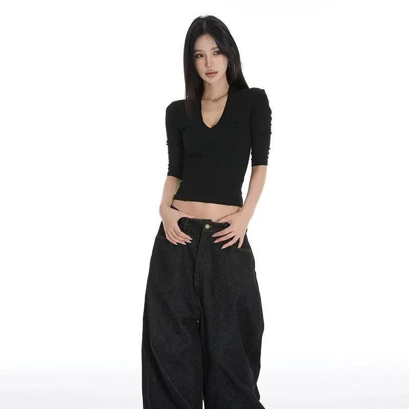T-shirt court noir Y2K pour femme, col en V, épaules tombantes, manches courtes, coupe slim, décontr
