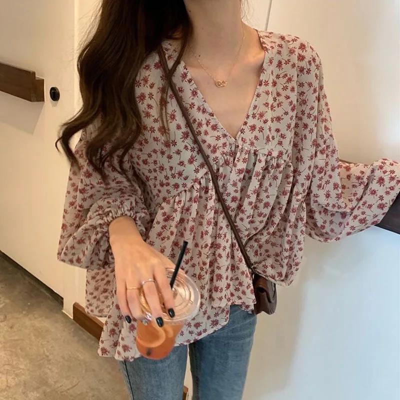 Col en v en mousseline de soie chemise femmes doux hauts Blouse 2025 printemps coréen imprimé fleuri