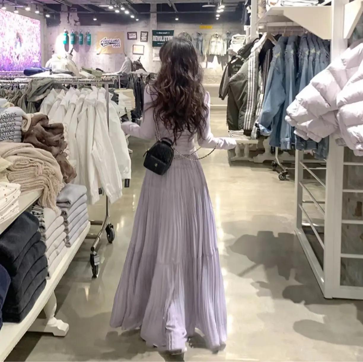 Femmes printemps et été tendance taille haute plissée jupe longue décontracté élégant solide a-ligne