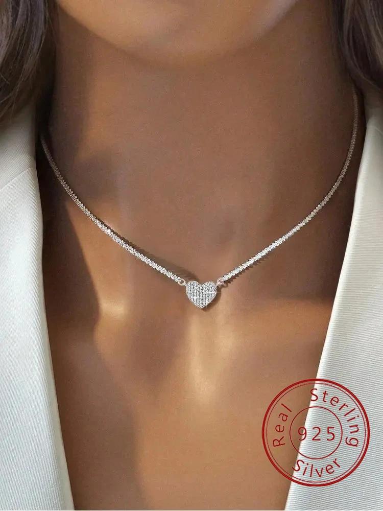 Collier en argent Sterling 925 pour femmes, en Zircon complet, en forme de cœur d'amour, pour fiança