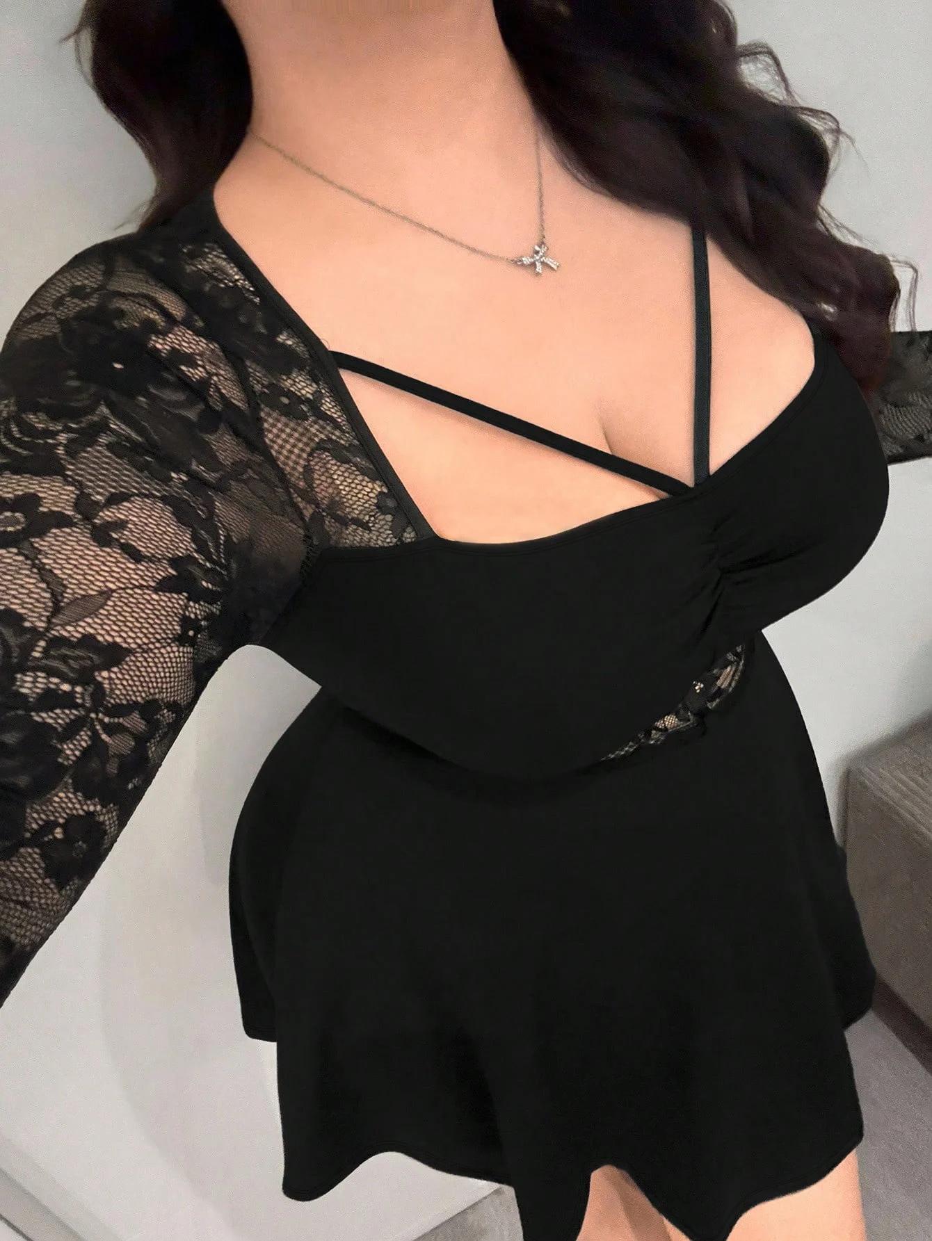 Robe en dentelle à manches longues pour femmes, grande taille, robe courte en dentelle, tenue décont