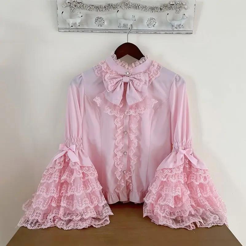 Chemise Lolita gothique et douce – Chemisier à volants à manches longues pour robes JSK, haut en den