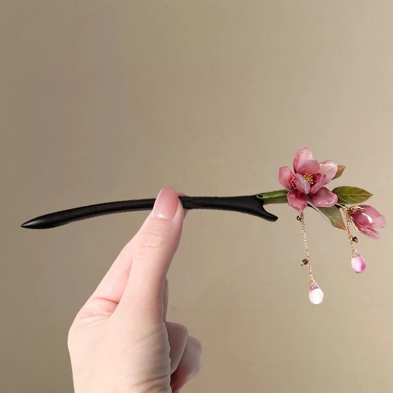 Épingle à cheveux florale de Style chinois, pompon de fleur rose, accessoire de cheveux élégant Hanf