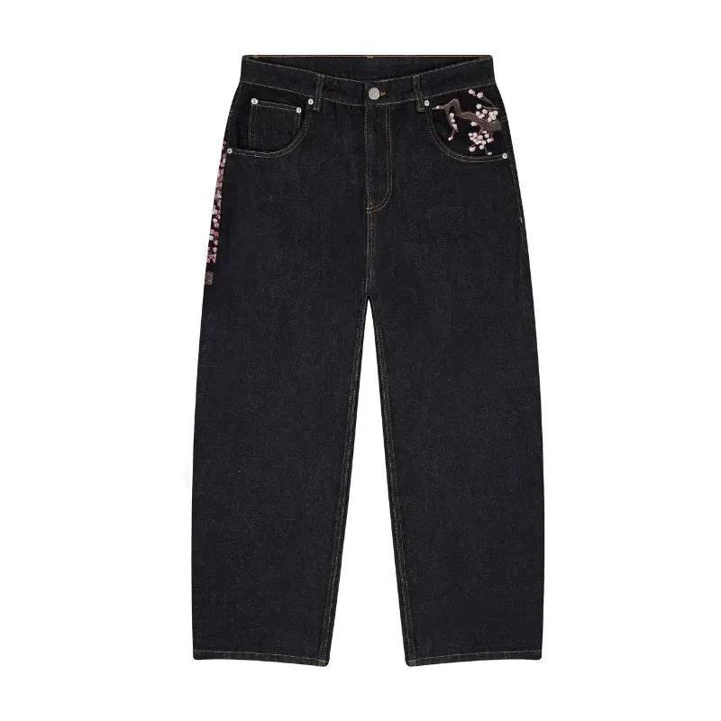 Y2K Baggy jeans fleur de cerisier lisière broderie Denim pantalon hommes femmes denim tissu américai