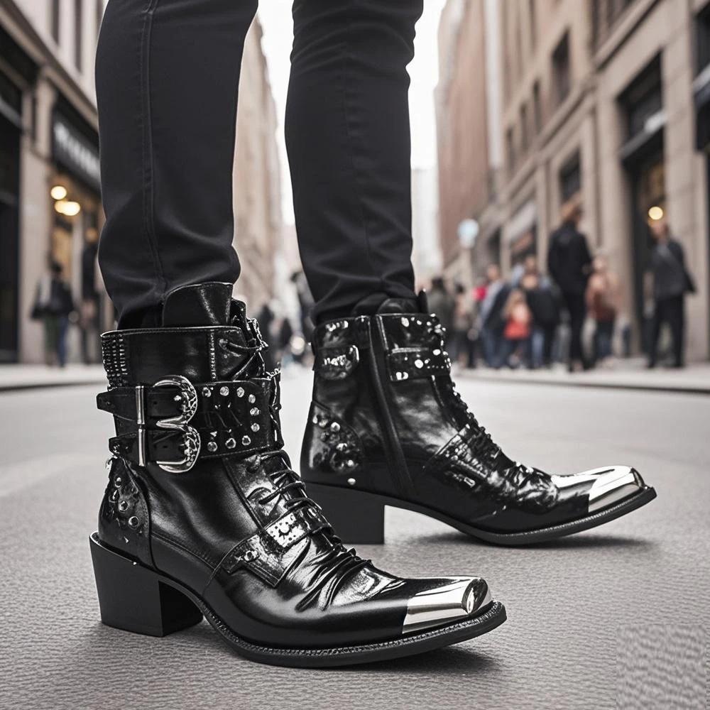 Bottes de cowboy occidentales à talons hauts pour hommes, ceinture Fangtou en métal, peau de vache s