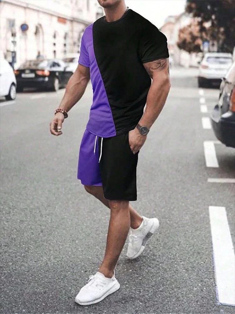 Ensemble T-shirt et short à col rond pour hommes, ensemble deux pièces décontracté avec lettres rayé