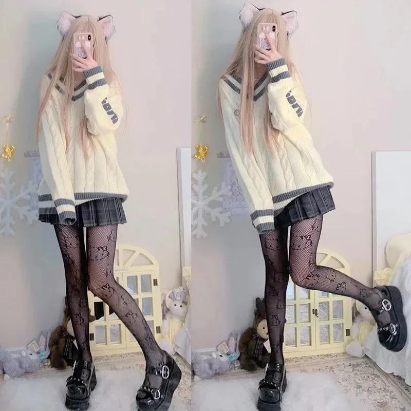 Bas fins japonais Hello Kitty pour femmes, chaussettes noires, filet de pêche, collants astronomique