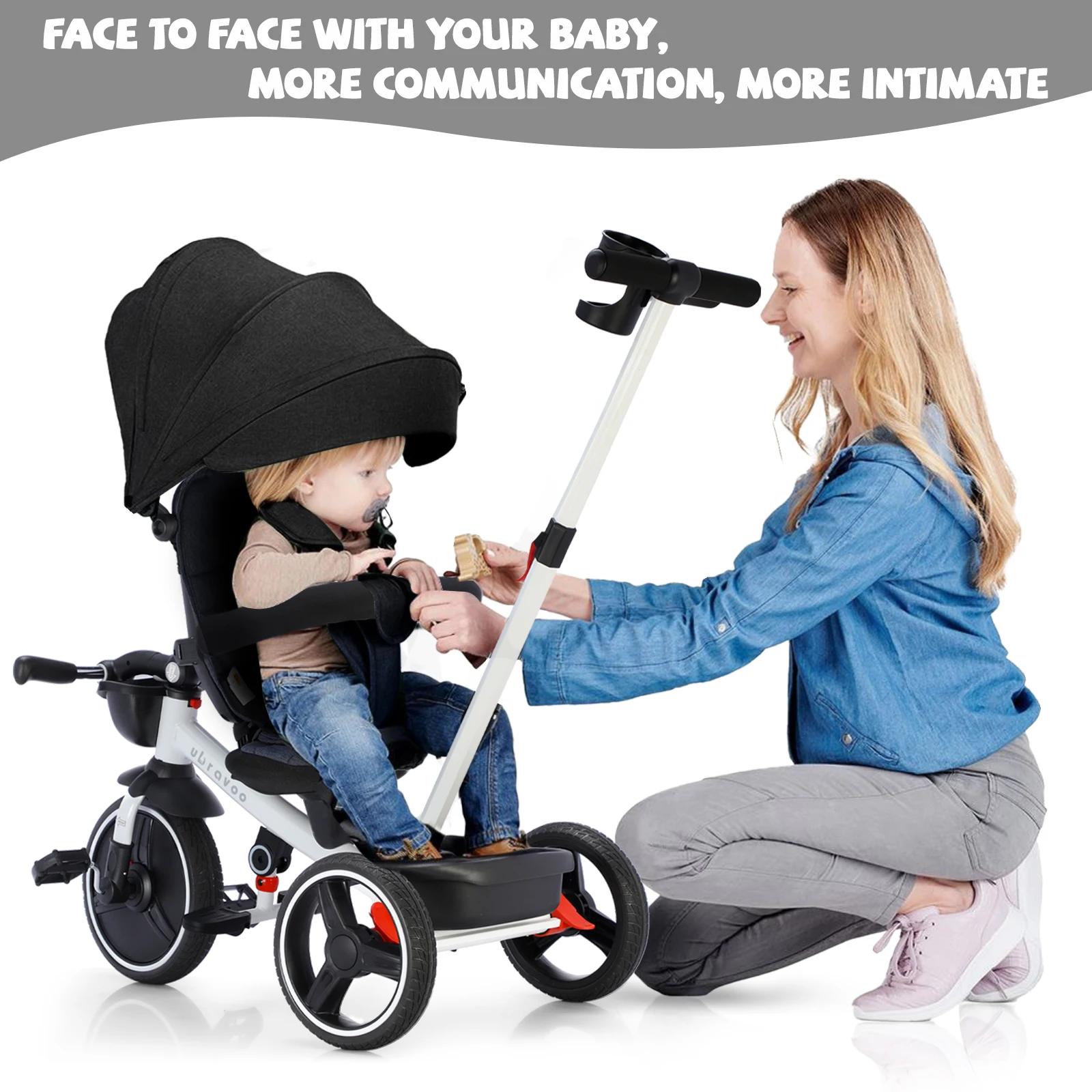 Tricycle pliable pour enfants avec poignée Parent réglable, freins de roue et capot amovible, Tricyc