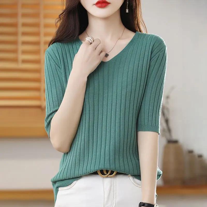 Pull tricoté en cachemire à manches courtes et col en v pour femme, pull de couleur unie, nouvelle c