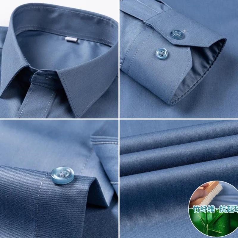 Chemise extensible en Fiber de bambou pour hommes, manches longues, Anti-rides, sans repassage, Slim