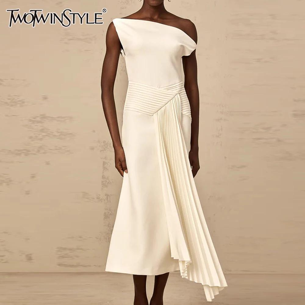 TWOTWINSTYLE – robe mi-longue élégante et amincissante pour femmes, couleur unie, col diagonal, épau