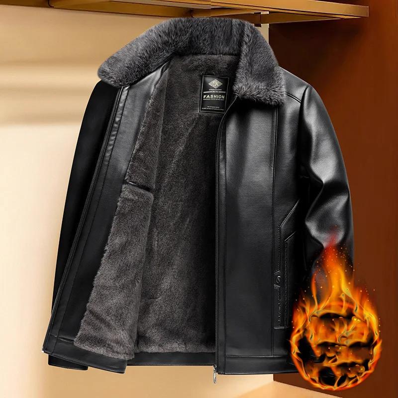 Manteau d'hiver en cuir pour homme, doublure polaire épaisse, coupe-vent, chaud, streetwear, col rab