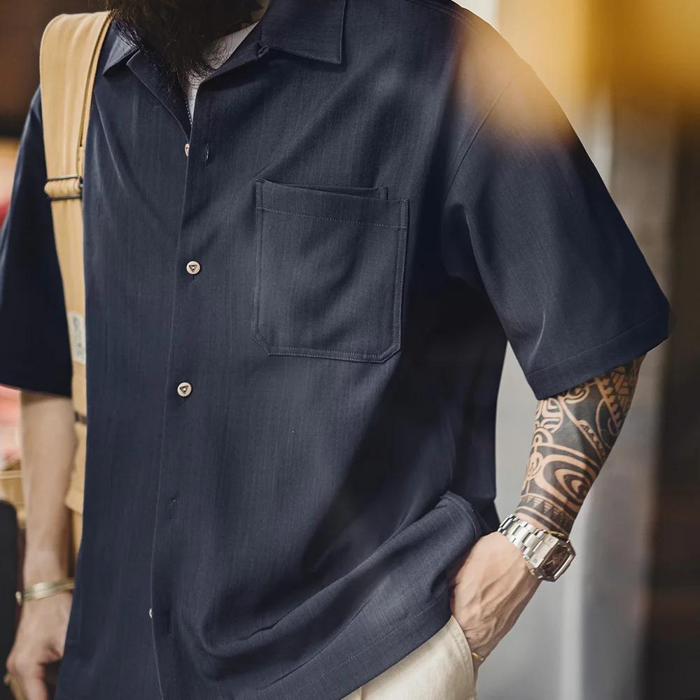 Maden Vintage col cubain chemise à manches courtes hommes été ample simple boutonnage couleur unie B