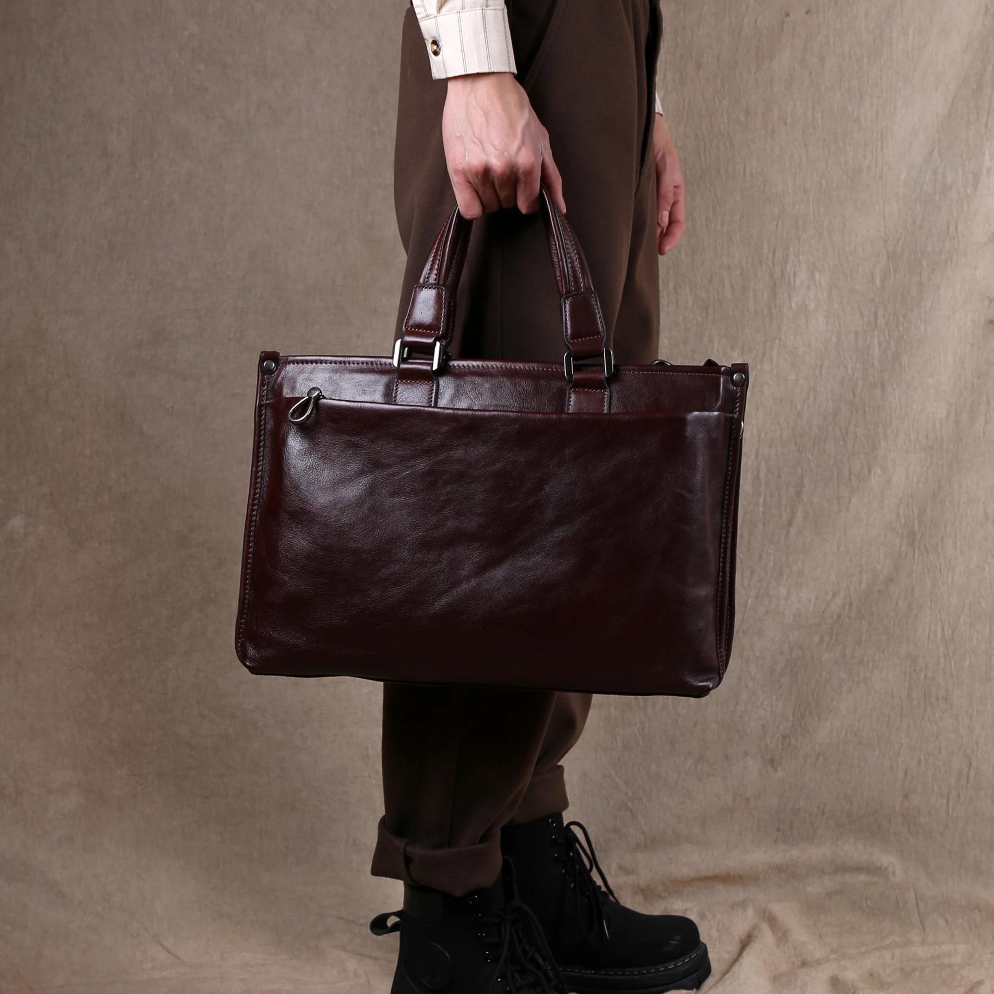 Sac à main en cuir de soie tanné végétal, mallette d'affaires décontractée, sac d'ordinateur 14 ", s