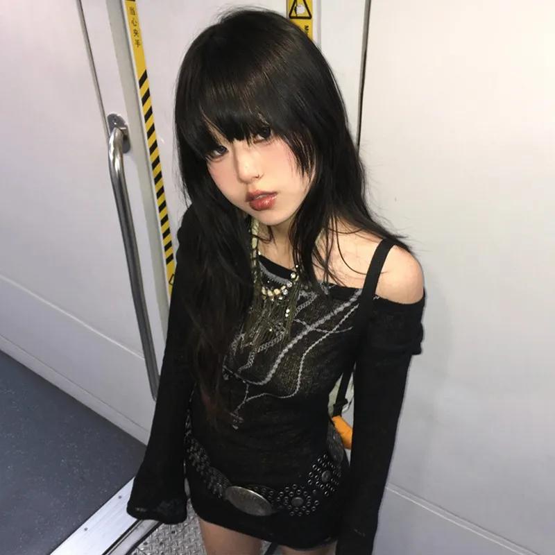 Karrram japonais Y2k hauts tricotés Grunge tatouage imprimé T-shirt à manches longues côtelé Vintage