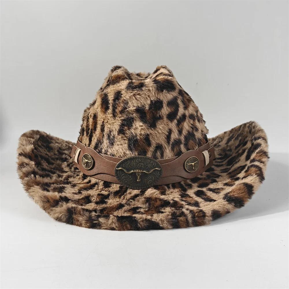 Chapeau de cowboy en fourrure de lapin imprimé léopard 7,5 cm Fedora de cowboy occidental pour homme