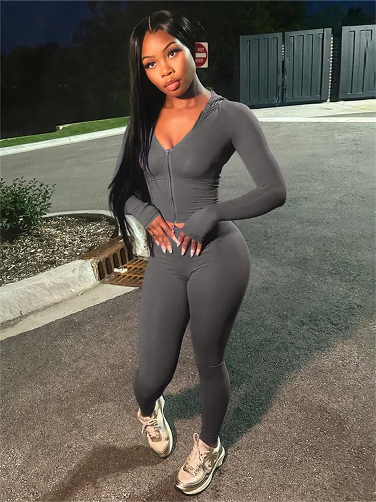 Nibber Sportif Casual 2 Pièce Ensemble Femmes Survêtement À Capuchon Zip Crop Tops + Leggings Fitnes