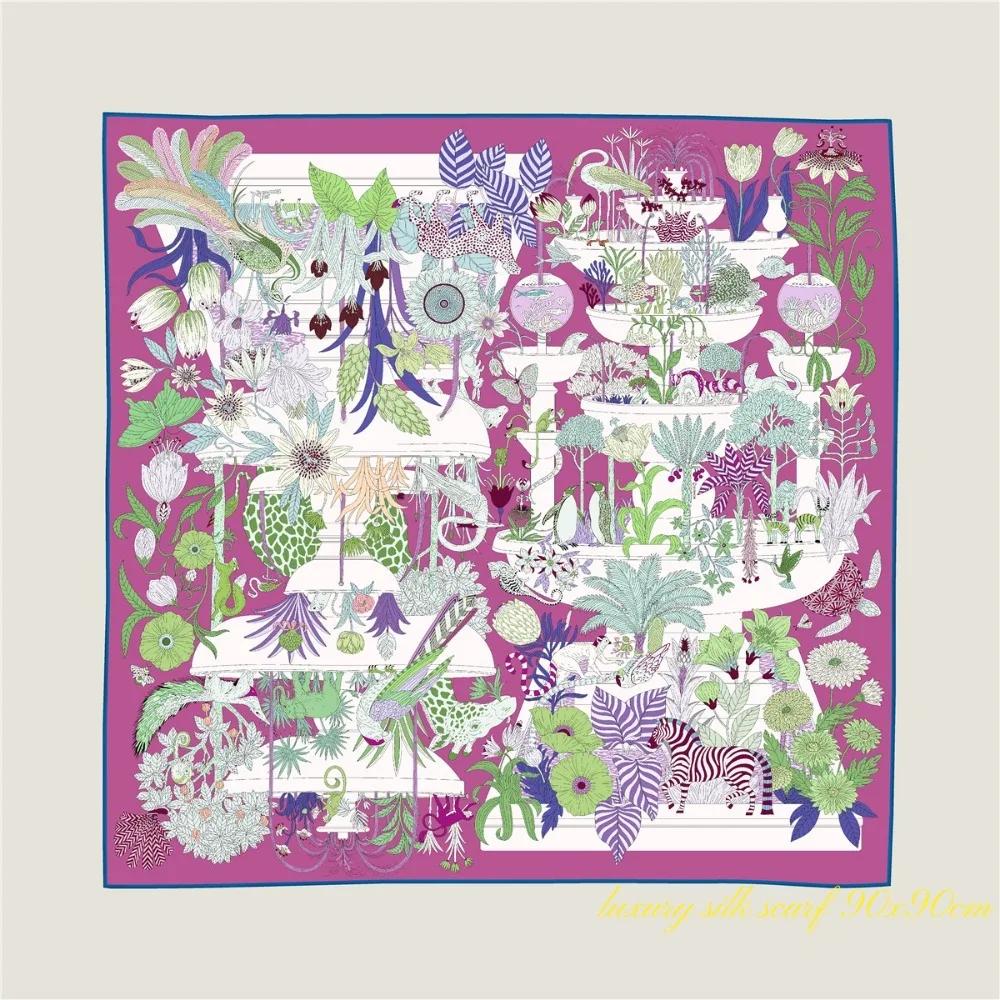 Grand Foulard Carré de Luxe à Bords Croisés pour Femme, Nouvelle Collection, Animal Paradis, Girafe,