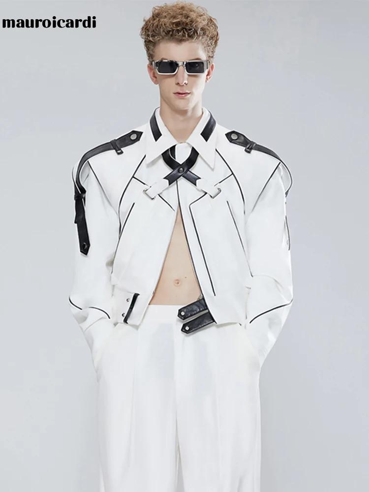 Mauroicardi-Veste courte en cuir patchwork pour homme, manches longues, piste, cool, luxe, vêtements