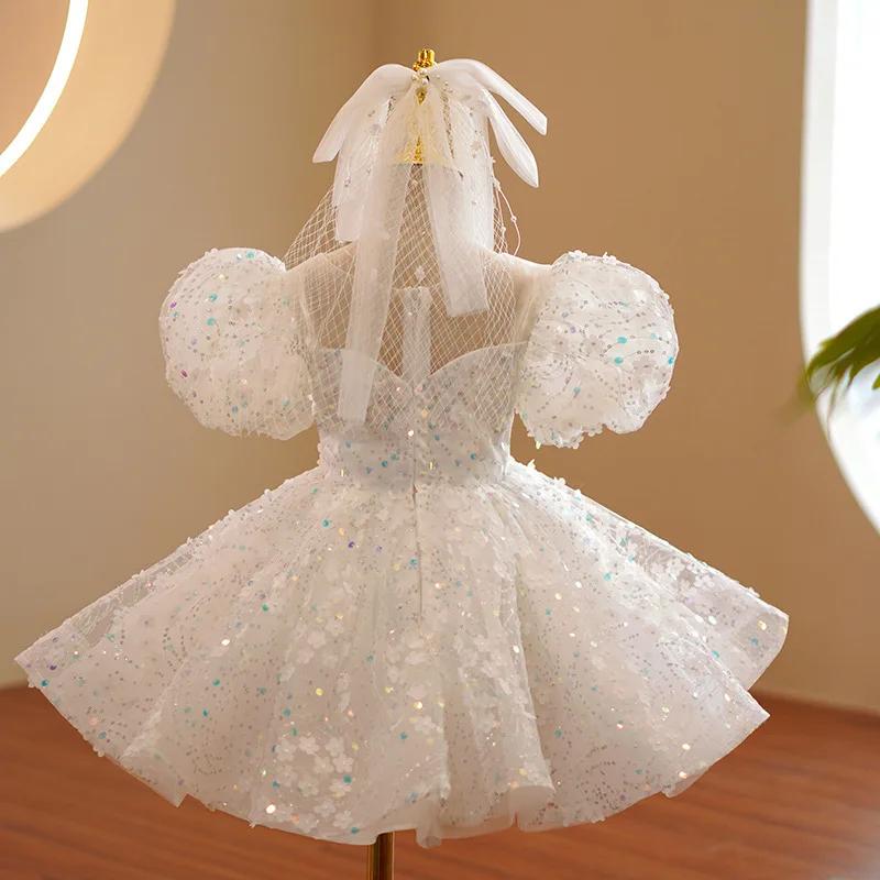 Robe pour enfants blanc gonflé Tulle haut de gamme défilé de mode anniversaire robe de princesse élé