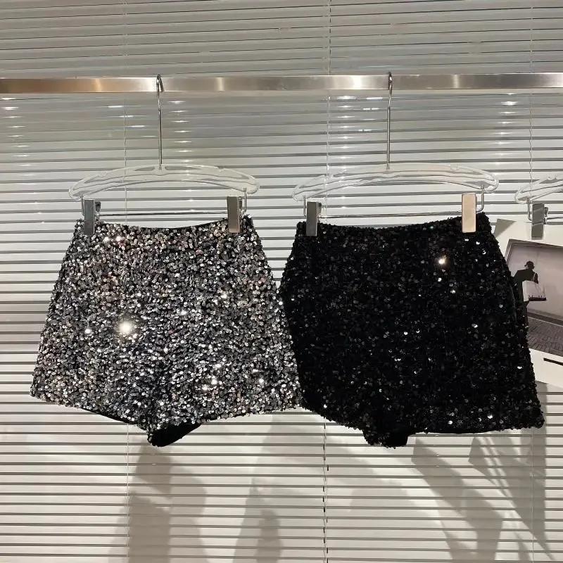 Short en Velours Noir pour Femme, Pantalon Court Polyvalent Brcorporelle à Paillettes, Nouvelle Coll