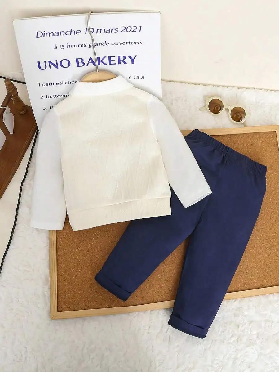 Tenue formelle 2 pièces pour bébé garçon : pull en tricot à col en V avec nœud papillon + pantalon à