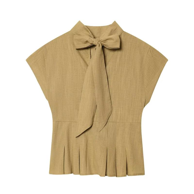 Chemise Femme Été 2026 Nouvelle Collection Kaki Manches Courtes Nœud Décoratif Ourlet Creux Style Dé