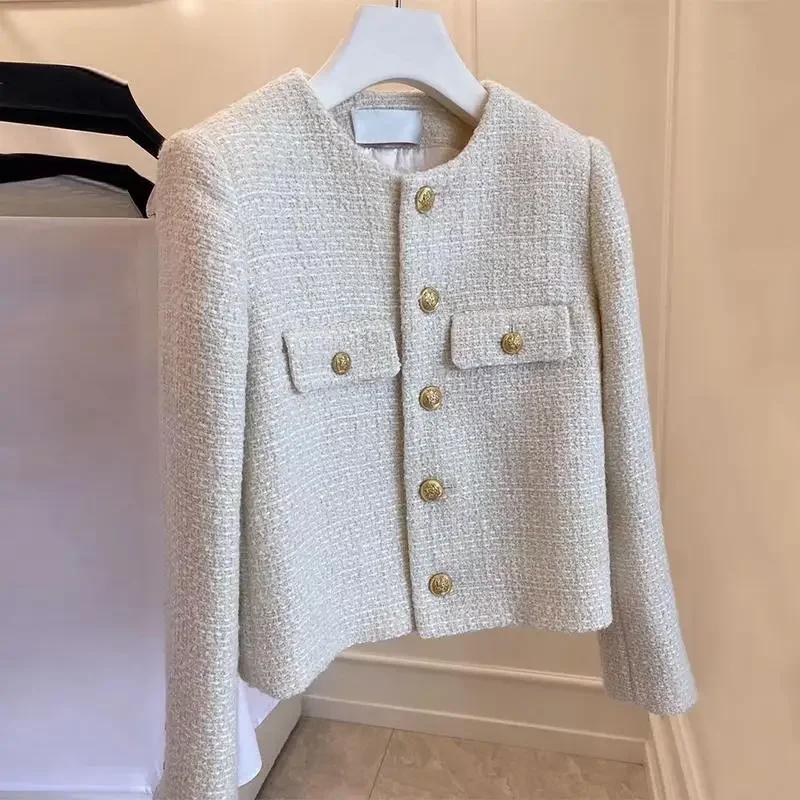 Manteaux coréens pour femmes, veste en laine française Tweed, mode haut de gamme, boutons dorés, cou